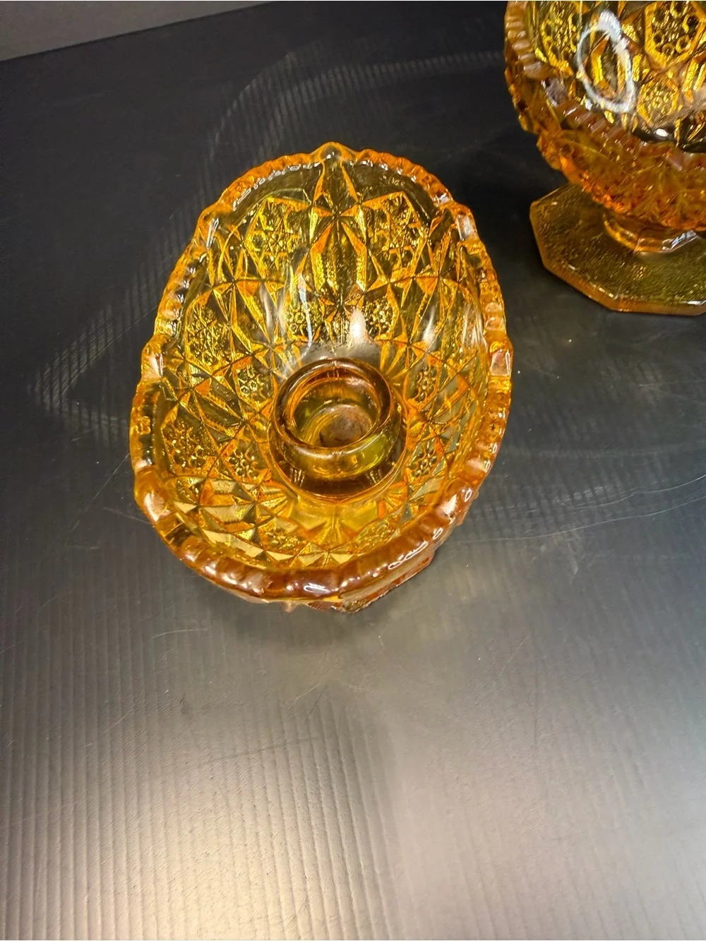 1960 Vintage Kemple Wheaton Amber Glass Toltec Set Compote Dish & Candle Holder